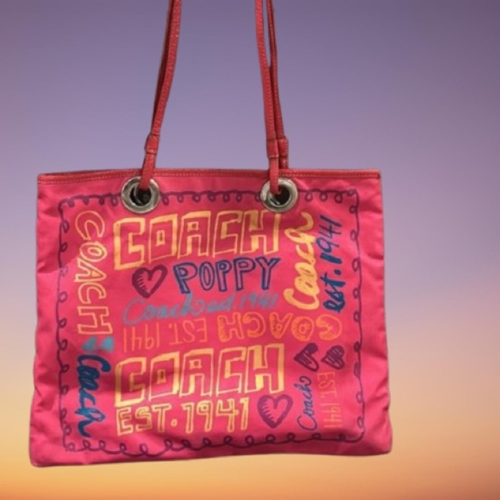 Coach Poppy Evie Graffiti Coated Canvas Tote Bag Vintage Rare Hot Pink - Picture 4 of 15